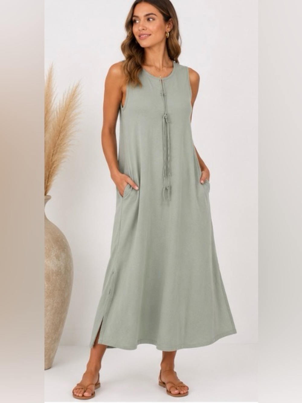 Filosofia NWT Sage Green 100% Cotton Sleeveless Midi Dress Made in USA M